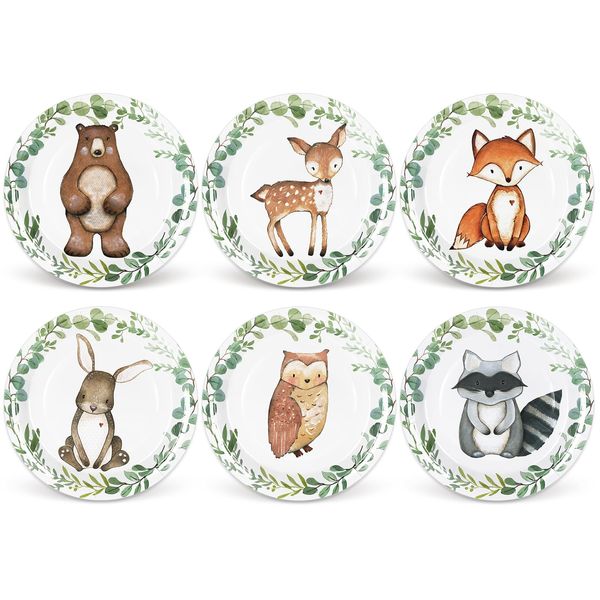 Whaline Woodland Animal Birthday Party Paper Plates Jungle Forest Animal Disposable Plates Eucalyptus Dinnerware Plates 9 Inch for Party Supplies Table Decor, 24Pcs