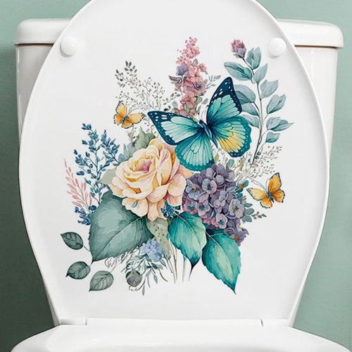 Toilet Stickers, Peony Butterflies Bathroom Toilet Seat Lid Cover Decals Durable Waterproof Self-Adhesive Wall Sticker for Bathroom Decor Toilet Lid Decals