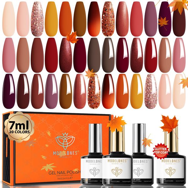 Modelones 20 Colors Gel Nail Polish Kit, Fall Pink Brown Nude Orange Gel Polish Set with Glitter, Glossy and Matte Top Base Coat Home DIY Manicure Nail Art Design Gifts