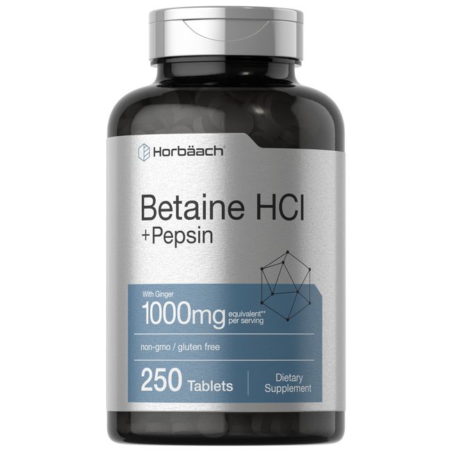 Betaine HCl with Pepsin | 1000mg | 250 Capsules | by Horbaach