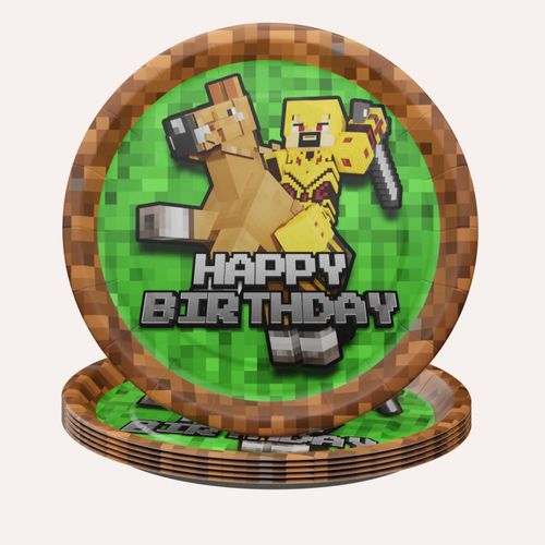 Blue Orchards Pixel Warrior Dinner Plates (20 Pieces) - Video Game Party Supplies, Video Game Birthday Decorations, Mining Craft Party, Pixel Miner Party, Video Game Birthday Party