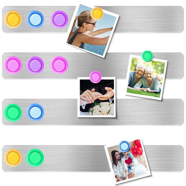 Frameless Magnetic Stainless Iron Board Strips, Adhesive Backing Bulletin Bar Board with 10 Pieces Colorful Magnet, Memo Strip for Office Home 4Pcs