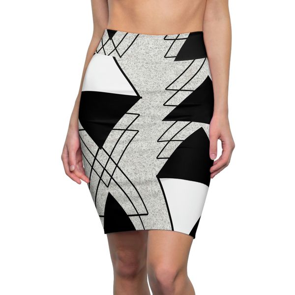 High Waist Womens Pencil Skirt - Contour Stretch, Black and White Ash Grey Triangular Colorblock - S / 4 oz.