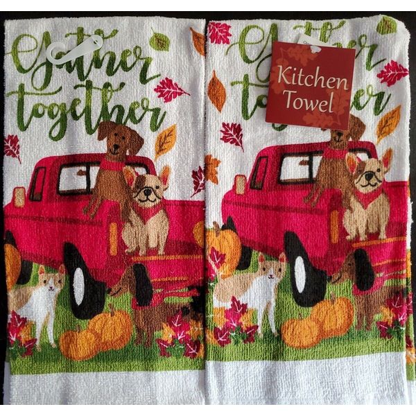 Set Of 2 Cotton Fall Harvest Thanksgiving Dog Pets Leaves Truck Kitchen Towels