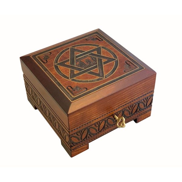 Star of David Wood Jewelry Keepsake Lock Key Box Judaica