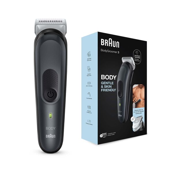 Braun Body Groomer 3 Piece Body Trimmer for Men with SkinShield Technology, Clog for Sensitive Areas, Hardwearing Metal Blade, Black/Grey, BG3340