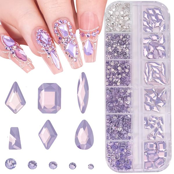 Multi Shapes Light Purple 3D Glass Crystal Nail Rhinestones Kit Mix 0.8mm Silver Nail Round Beads Charm Flatback Gems 5 Grids Flatback Rhinestones Stone Diamond for Manicure Makeup DIY Decoration