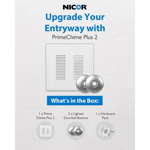 PrimeChime Plus 2 Electric Doorbell Kit - Doorbells for Home - Includes Selectable Ring Chimes - Stucco Button, Nickel - NICOR Lighting