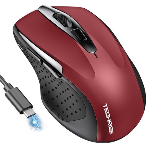 TechRise Bluetooth Mouse (BT5.0/3.0 & 2.4G) Rechargeable Wireless Mouse, 4800 DPI Optical Tracking, 6 Adjustable DPI, 2.4GHz with USB A Receiver, Quiet Clicks, Ergonomic Grips, 6 Buttons - Red