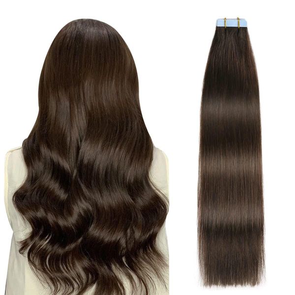 SUYYA Tape Extensions Echthaar,Invisible Tape in Extensions Echthaar Seidig Gerade Remy Tape Haarverlängerungen Echte Menschliches Haar 14 Zoll 35cm 20 Stück 40G #2 Dunkel Braun