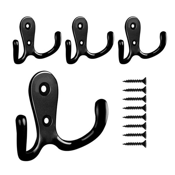 Yesmin 4 Pcs Double Prong Robe Hooks, Dual Coat Hooks Wall Mounted Hanging Clothes for Bathroom Bedroom Door Wall Retro Metal Cloth Hanger Double Coat Hooks with 8 Screws (Black)