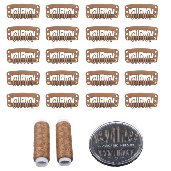 50PCS Hair Extension Clips U-Shape Wig Clips Snap Clips 6-Teeth Metal Snap Hair Clips with Rubber Wig Clips 50 Assorted Sewing Needles and 2 Rolls Thread for Hair Extensions DIY (Brown)