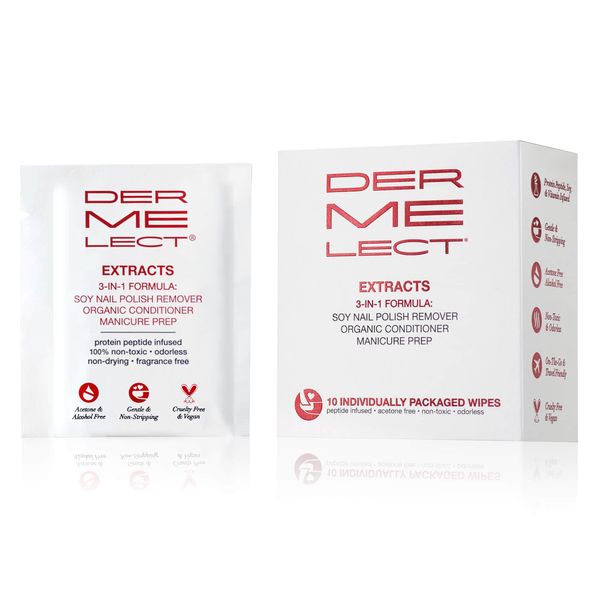 Dermelect Extracts 3-in-1 Soy Nail Polish Remover Wipes - Scentless, Non-Toxic, Acetone-Free - 10 Individually Packaged Wipes