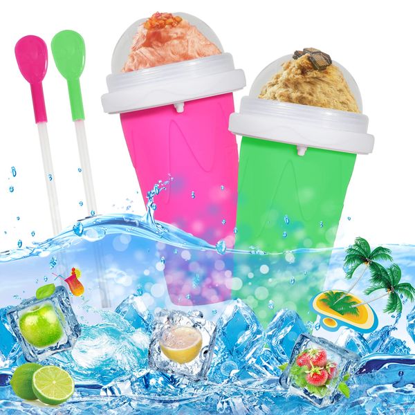 Slushie Cup, Slushy Cup 2 pack Frozen Magic Slushy Maker Cup, Slushy Cups With Lids And Straws, Protable Smoothie Mug Ice Cream Maker for Juices and Drinks (Green+Red)