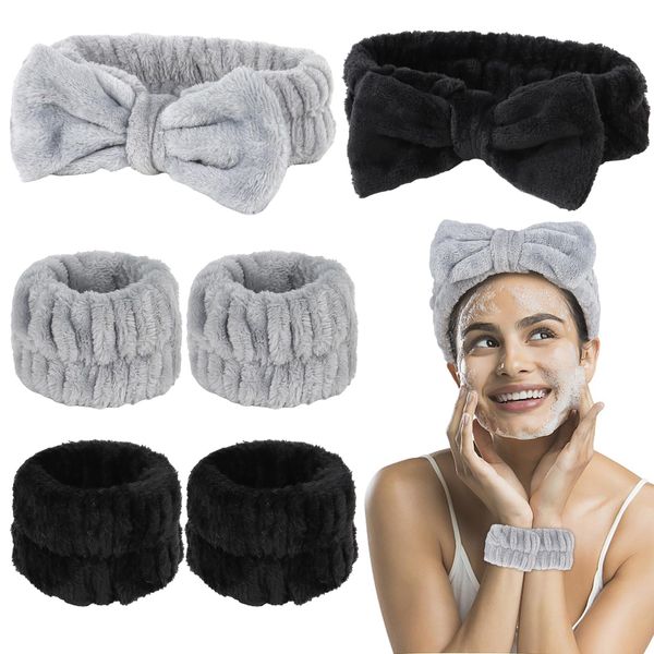 Spa Headband and Wristband Set for Washing Face 6PCS Black Gray Face Washing Wristbands Makeup Headband Skincare Headbands for Women Wrist Bands for Washing Face Bath Hair Band Accessories for Women