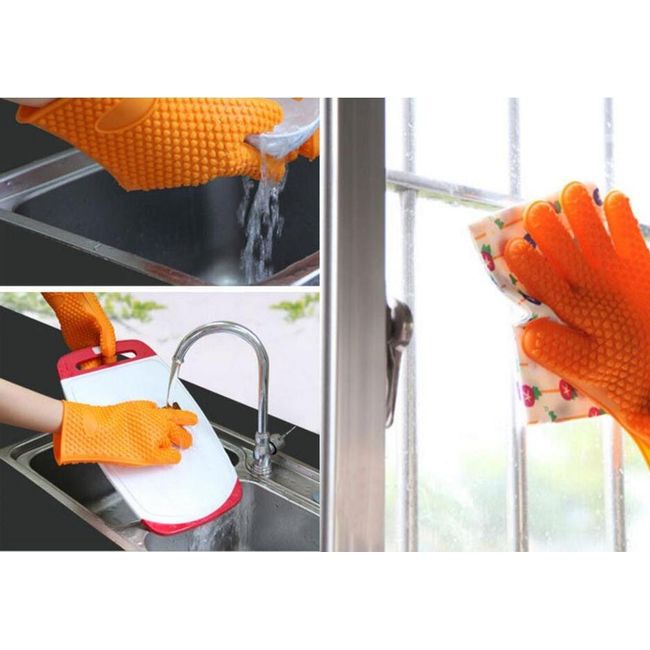 Heat Resistant Silicone Gloves Kitchen Gloves for Oven Barbecue Gloves Anti-slip Waterproof 5 Finger Kitchen Gloves Orange Mother's Day Father's Day Large Holiday Touring Travel Flower Viewing