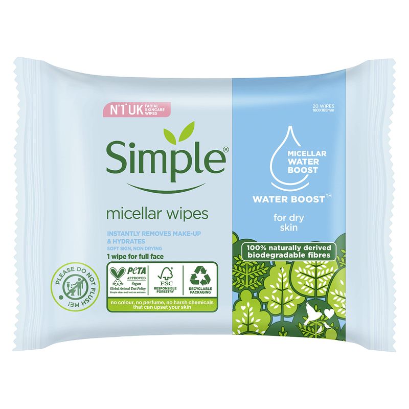 Simple Kind to Skin hypoallergenic Micellar Biodegradable Cleansing Wipes for sensitive skin 20 w...