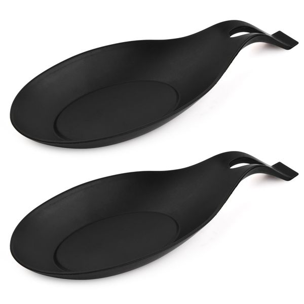 2Pcs Spoon Rest Silicone Kitchen Spoon Holder Flexible Cooking Utensil Rest Heat Resistant Soup Spoon Rest for Spatulas Spoons Cookware (Black)