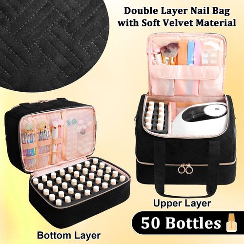 Veirdro Nail Polish Organizer Bag Holds 50 Bottles (15ml/0.5fl.oz)& Nail Lamp, Soft Velvet Nail Kit Storage Carrying Case with Shoulder Strap, Double Layer Nail Supplies Organizer Handbag Women Black