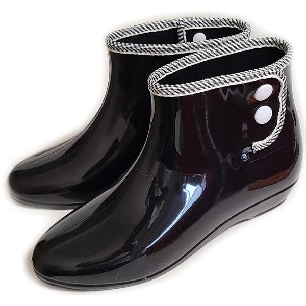 Basic Standard Rain Boots, Women's, Waterproof, Short, Heels, Lightweight, Stylish, Buttons, polka dot/black