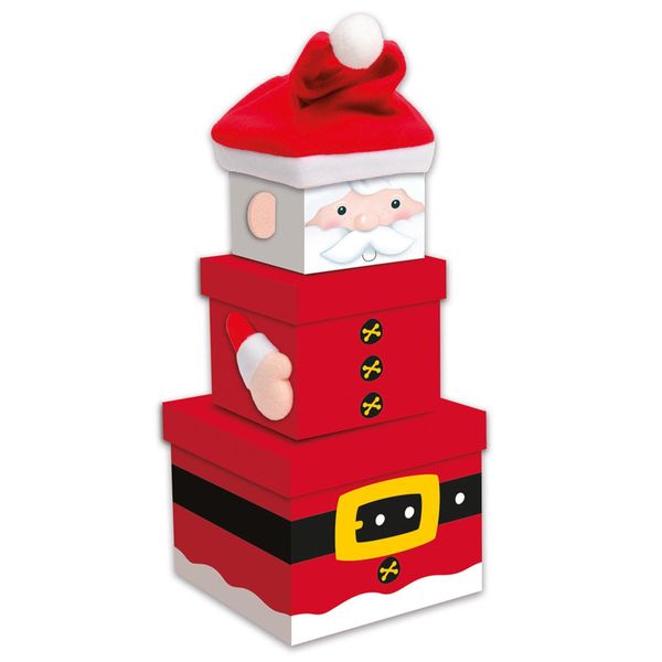 GIFTMAKER Christmas Small 3 Piece Stacking Nested Gift Box Set Santa Design
