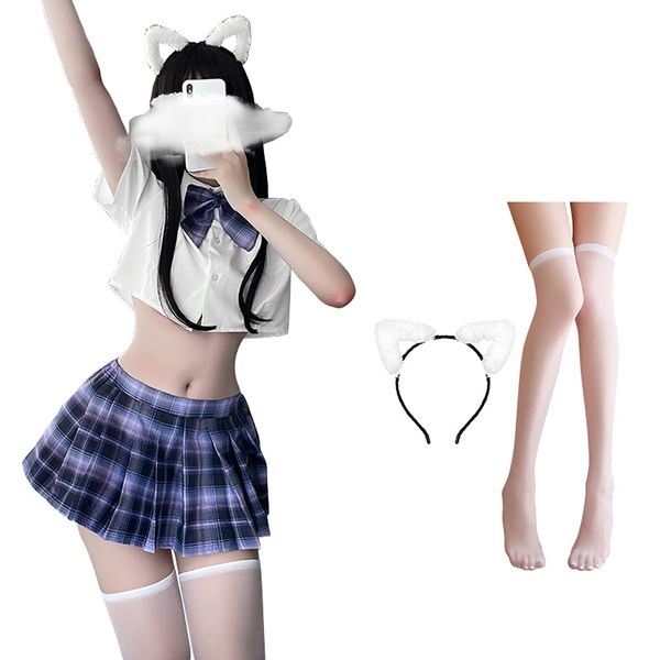 SINMIUANIME Schoolgirl Lingerie Set Sailor Uniform Dress Cosplay JK Student Wear Pleated Skirt With Socks (6914Purple White)