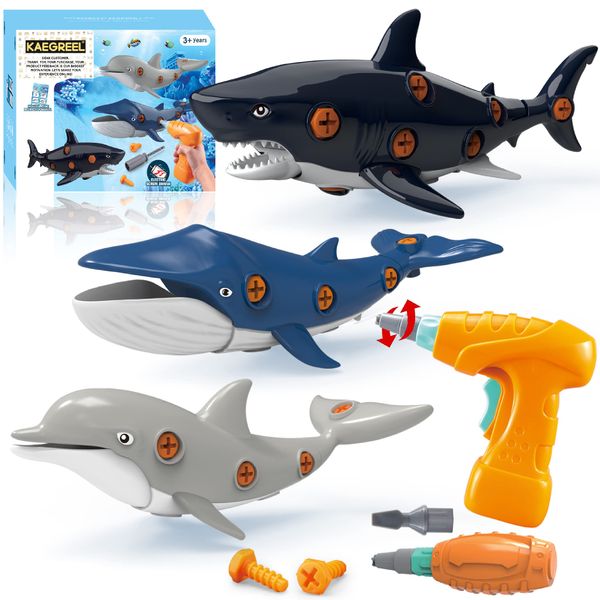 KAEGREEL Take Apart Shark Toys for Kids, Construction Take Apart Ocean Fish Toys with Electric Drill Screwdrivers, STEM Learning Building Toys for Boys Girls Birthday Gift Aged 3 4 5 6 7 8 Year Old