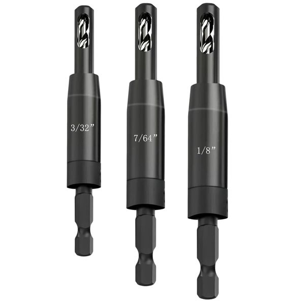 1/4" Hex Shank Self Centering Hinge Drill Bit Set 3/32",7/64",1/8" Clic-Change VIX Bit for Screw Size#6#8#10