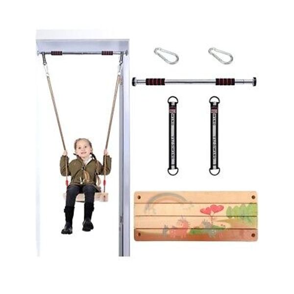 Doorway Swing Set Includes Wooden Swing for Kids & Indoor Pull Up Bar, Colore...