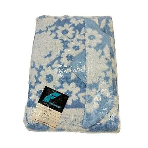 Vtg FIELDCREST Blue Floral Bath Towel Jacquard Set MCM NOS Fringed RARE