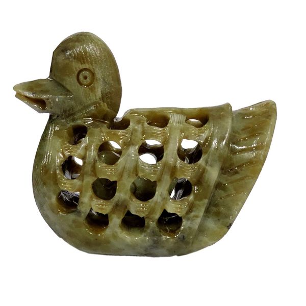 Purpledip Soapstone Statue Nested Ducks: Lattice Design Jaali Work Mesh Sculpture (12102)