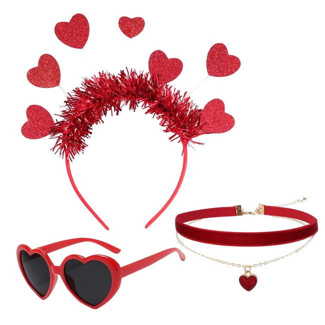 Gvhntk Valentines Heart Headband Heart Shape Sunglasses Necklace Valentines Costume Accessories Set For Wedding Valentines Party Birthday Women Girls