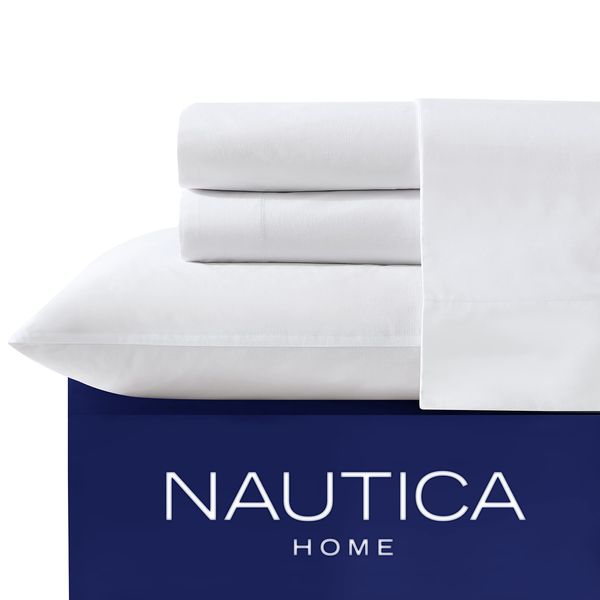 Nautica - Queen Sheets, Cotton Percale Bedding Set, Crisp & Cool, Stylish Home Decor (Solid White, Queen)