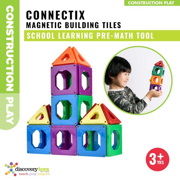 Discovery Toys CONNECTIX Magnetic Building Tiles | Kid-Powered Learning | STEM Toy | Set of 30 Magnetic Squares and Triangles in 6 Colors | 2D & 3D | 3 Years and Up | Non-Toxic and BPA-Free