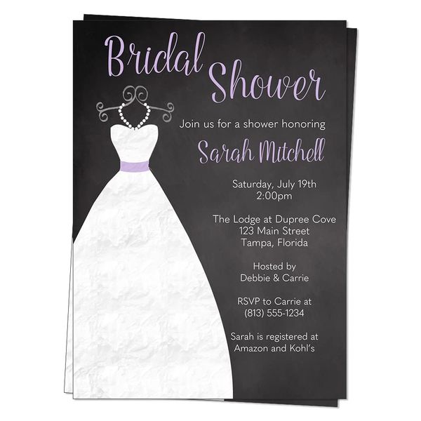 Bridal Shower Invitations Chalkboard Wedding Invites Gown Black Purple White Lavender Dress Blackboard Luncheon Pearls Customized Custom Printed Cards (12 Count)