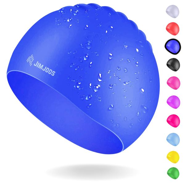 JIMJOOS Waterproof Kids Swimming Cap - 100% Silicone Durable and Odour Free Swim Hat - Stretchable, Anti slip Swim Cap - Swimming Hat for up to 8 Years With Protective Pouch (BLUE)