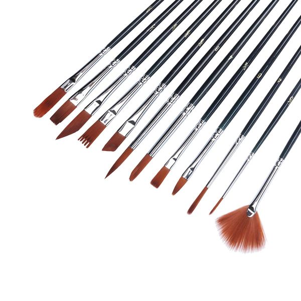 YIHUALE Watercolor Brush, Set of 12, Round Brush, Flat Brush, Paint Brush, Wood, Face Brush, Plastic Model, Painting, Students, Black