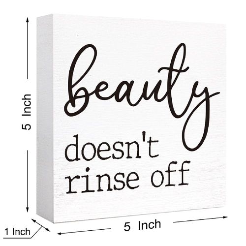 Funny Bathroom Sign Shelf Decor,Beauty Doesn't Rinse Off Wood Block Sign for Bathroom Shelf Washroom Toilet Restroom Shelves Decor 5"L x 5"W x 1.1"H