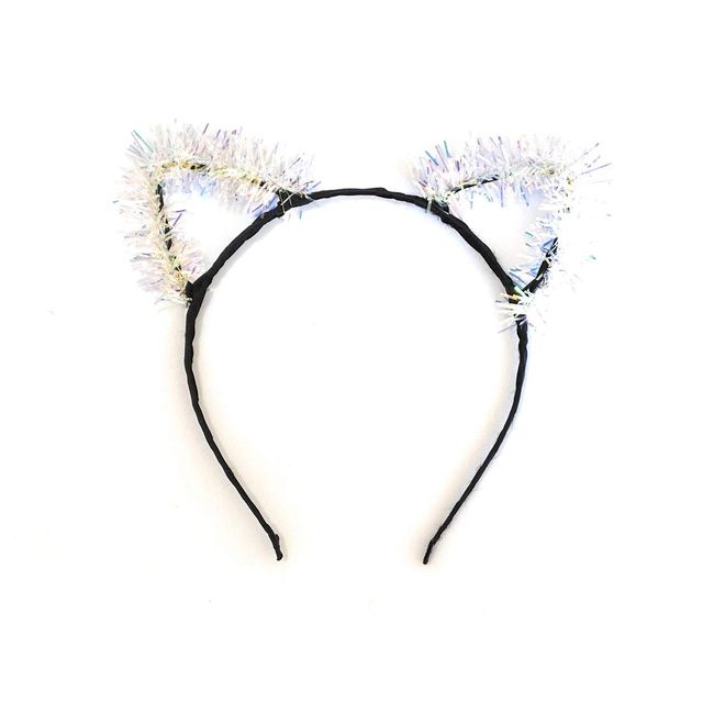 Girls Womens Silver Gold Tinsel Cat Ear on Black Headband Costume Fancy Dress Party Hair Accessories