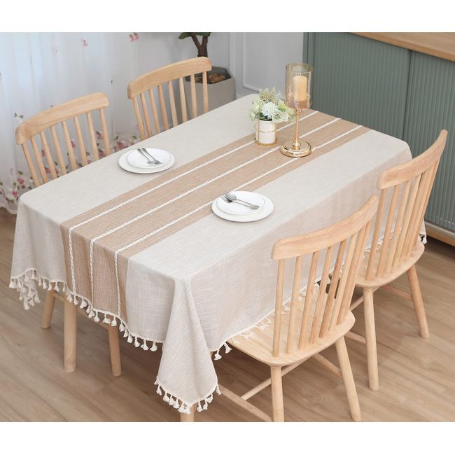 Rectangle Cotton Linen Tassels Table Cover Cotton Fashionable Table Cloth for Kitchen Dining Living Room Party Decor (Coffee Stripe, 140cm*140cm)