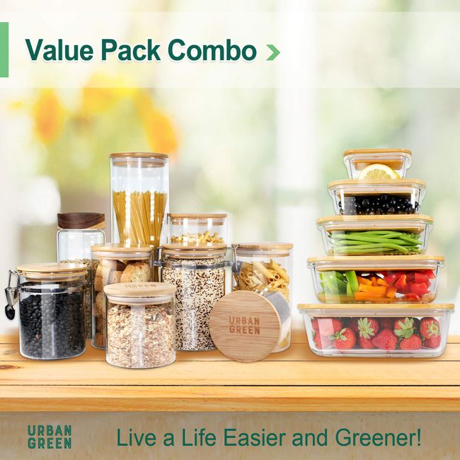 Glass Containers with Bamboo Lids Urban Green, Meal Prep Glass Containers,  Glass Food storage Containers, 5 Pack, Pantry & Kitchen Glass Organizer,  Lunch glass container, Microwave Oven Freezer Safe 