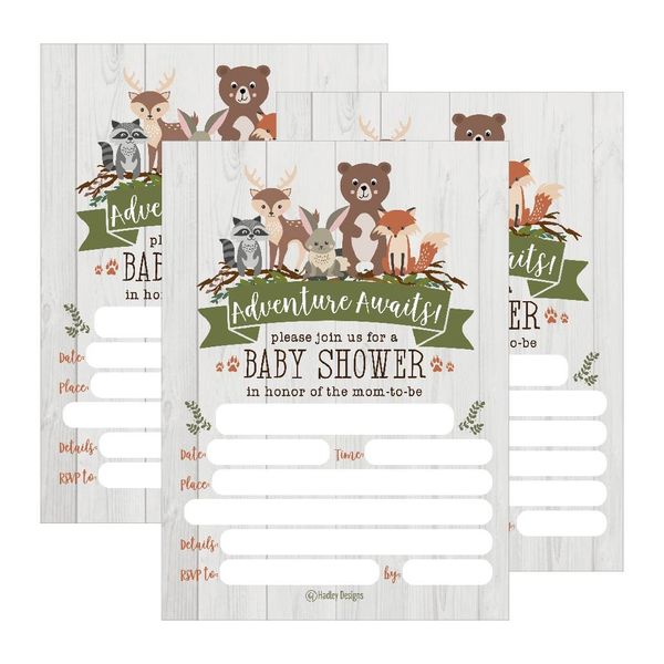 Hadley Designs Baby Shower Invitation Pack, Woodland Animal Prints, 25 Count, Grey, Unisex-Adults