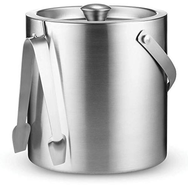 Double-Wall Stainless Steel Insulated Ice Bucket With Lid and Ice Tong [3 Liter] Included Strainer Keeps Ice Cold & Dry, Carry leather Handle, Great for Home Bar, Chilling Beer, Champagne, Wine Bottle