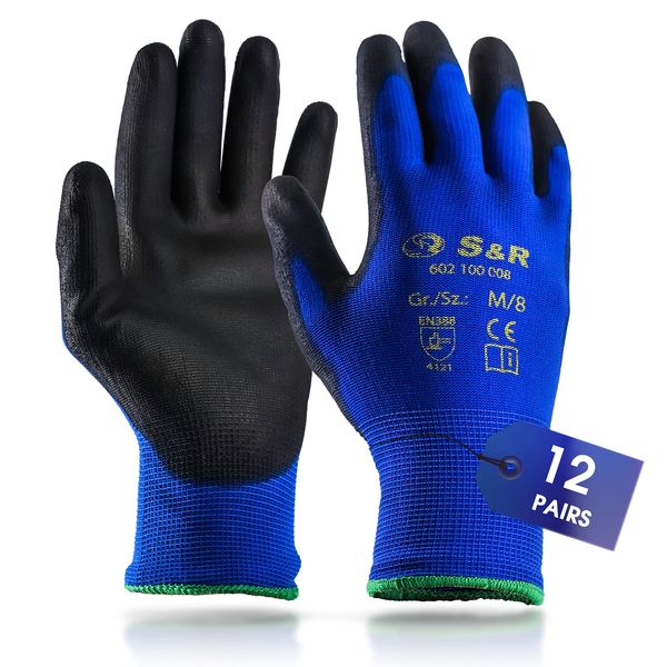 S&R Work Gloves - 12 pairs of BASIC Nylon PU coating Protective Gloves Size M/8 for private and commercial use