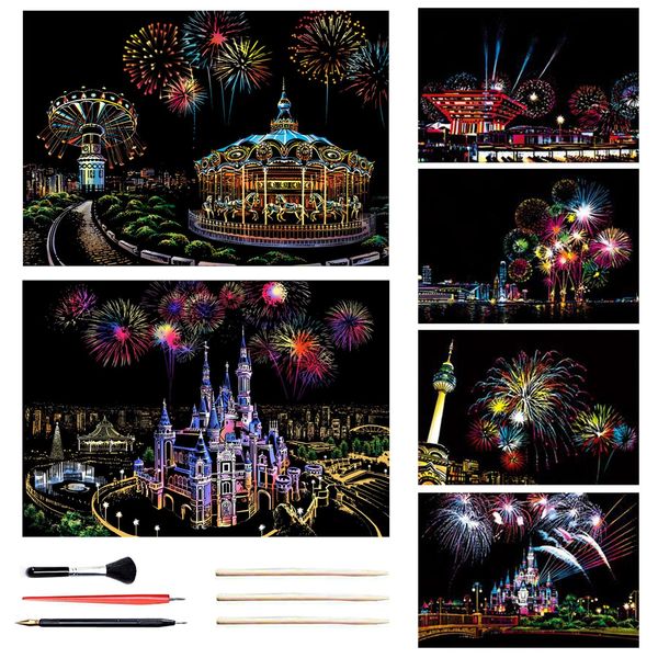 Georgie Porgy Scratch Paper Art A3 Set DIY Arts and Crafts Kits for Kids Adults, Magic Rainbow Scratch Postcard for Christmas Birthday Gift with Scratching Tools Kit (Amusement Park+ Dream Castle)