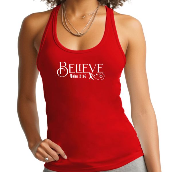 Womens Fitness Tank Top Graphic T-shirt Believe John 3:16 - Red / S