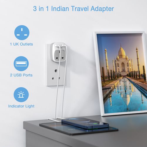UK to India Plug Adapter 2 Pack, TESSAN Grounded UK to India Travel Adapter with 2 USB Ports, Plug Socket Adaptor UK to Sri Lanka, Pakistan, Burma, Maldives, Iraq, Namibia, Nepal, Yemen, Zambia Type D