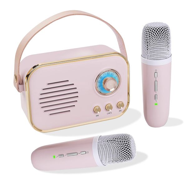 Mini Karaoke Machine for Kids, Portable Bluetooth Speaker with 2 Wireless Microphones HiFi Music Player, Retro Microphone and Speaker Set Gifts for Kids Birthday Home Party (Pink)