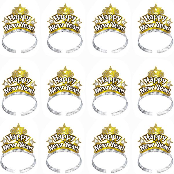 Cotiny 12 Pack Paper Happy New Year Headbands Golden New Year Party Hats for Kids and Adults New Year Party Supplies (Color Style 1)