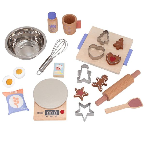 howa Backset für Kinder 19 teilig - Spielküche Zubehör, Kinderküche Zubehör Holz mit Waage, Schüssel, Schneebesen, Backformen und viel Zubehör 4896